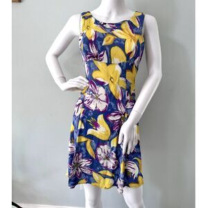 Vintage Y2K Floral Sleeveless Dress Blue Yellow Purple A-Line Tropical Print S